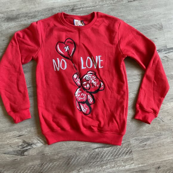 Retro Label Large Red Pullover Sweatshirt "No Love" Broken Heart - Picture 1 of 5
